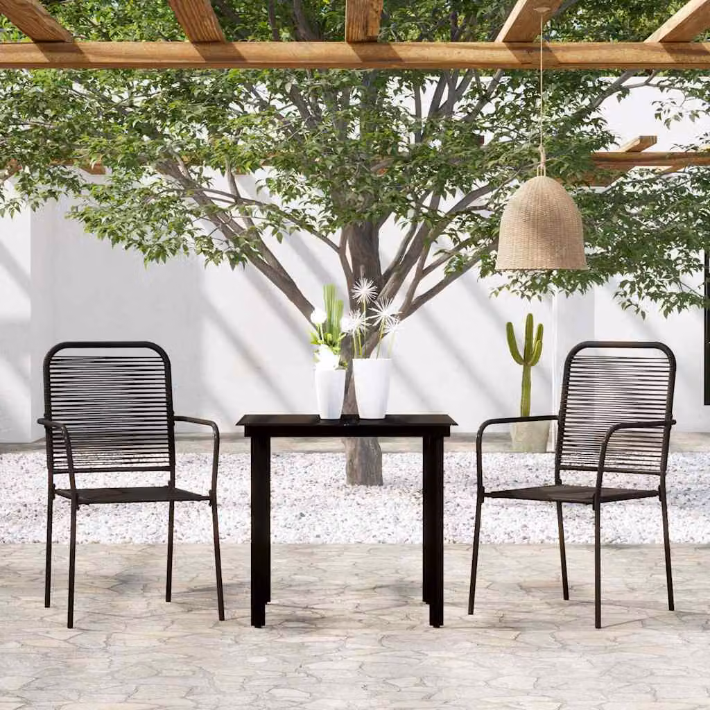 Set da pranzo moderno vidaXL in acciaio verniciato nero e vetro per giardino e terrazza, 3 pezzi