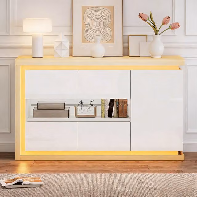 Credenza Soggiorno con LED e Ante in Vetro Temperato ¨C Xylo ¨C Bianco Lucido, 140x40x84