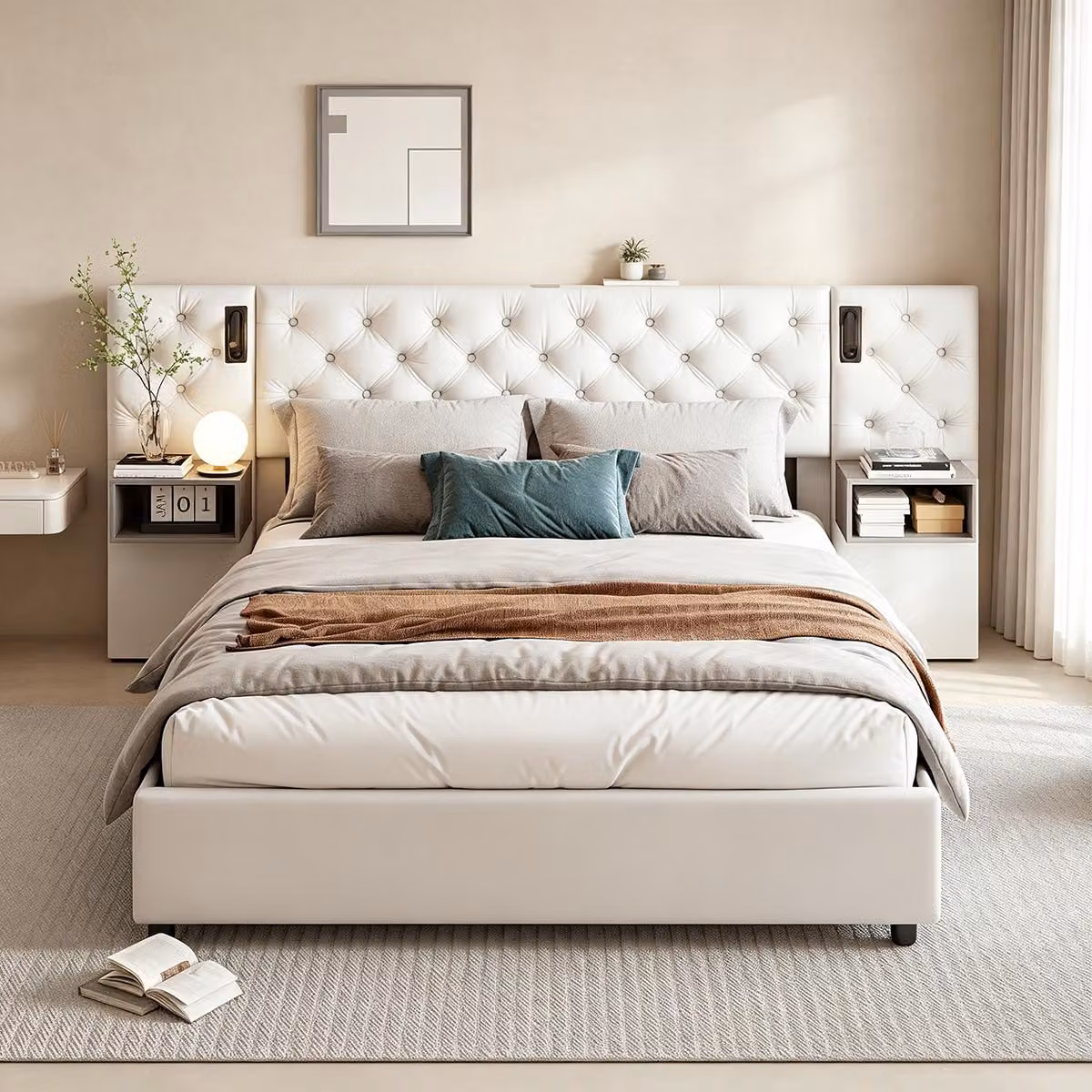 Letto imbottito INONEFT 140x200, letto per ragazzi con testiera contenitore dotata di porte USB e Type-C, letto con sistema di sollevamento idraulico e illuminazione LED, letto con rete a doghe e spazio contenitivo, rivestito in velluto, colore beige.