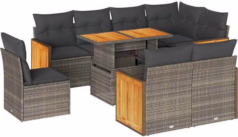Set Divano da Giardino 9pz con Cuscini Grigio Polyrattan Acacia