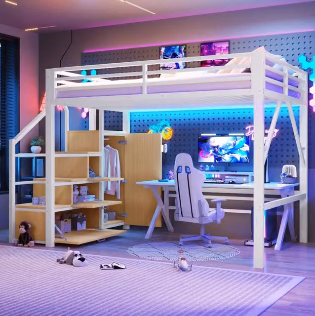 Letto a soppalco in metallo 140x200 cm bianco con armadi, scaffali e illuminazione LED