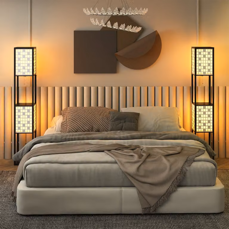 Costway Lampada da terra moderna con 2 ripiani in metallo e paralumi in tessuto bianco per soggiorno e camera da letto