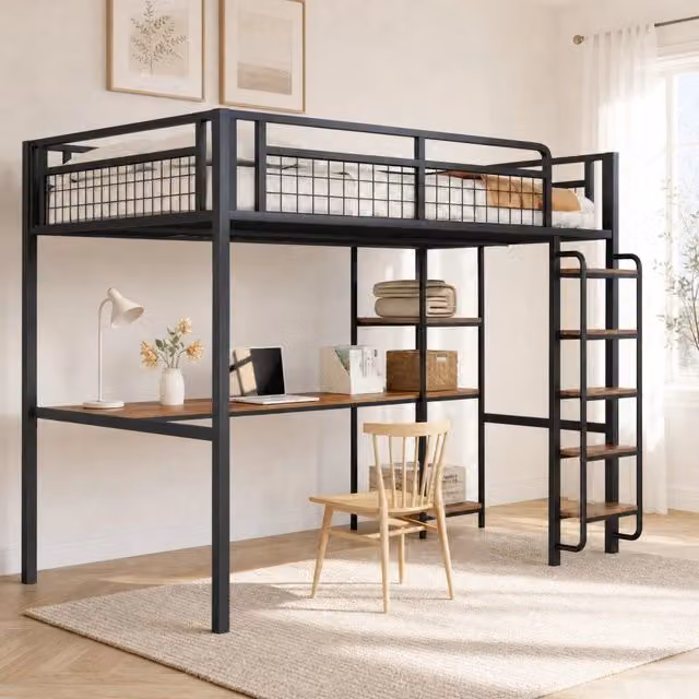 Letto a soppalco moderno in metallo e MDF nero con scala, tavolo e ripiani laterali L/P/H: 200 x 140 cm – 1