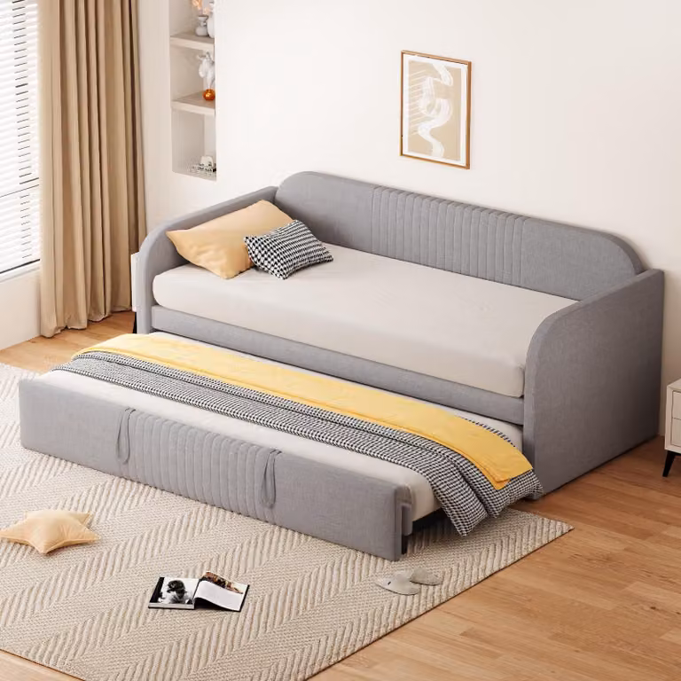 Divano letto Flieks 90x190cm/180x190cm, divano letto imbottito con letto estraibile, letto singolo per ragazzi con rete a doghe, biancheria da giorno, grigio