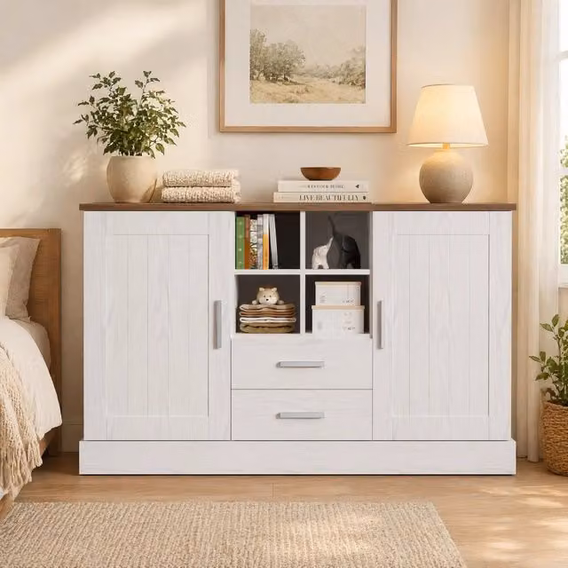 Credenza moderna in MDF bianco e marrone con dettagli argento, 2 ante e 2 cassetti con chiusura soft-close, L/P/H: 140 x 40 x 79,5 cm