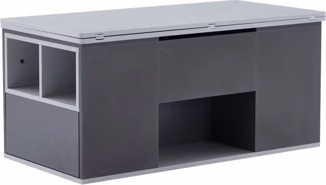 Tavolino Multifunzionale Regolabile in Altezza 100x51 cm Grigio con 3 Cassetti e Ripiani Aperto