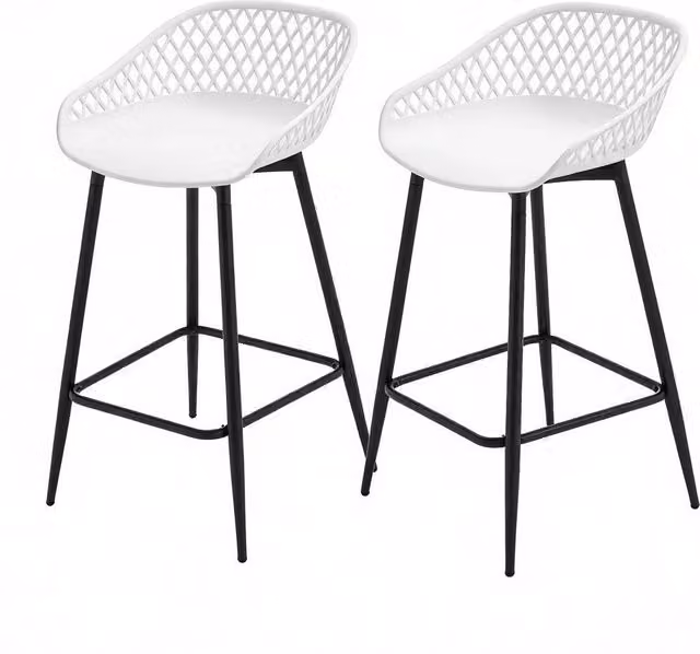 Sgabello da bar set 2 con schienale traforato, braccioli, poggiapiedi e piedini regolabili in PP e metallo bianco