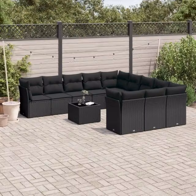 Set di Divani da Giardino VIDAXL a Forma di L in Polyrattan Nero con Cuscini, 12 Pezzi