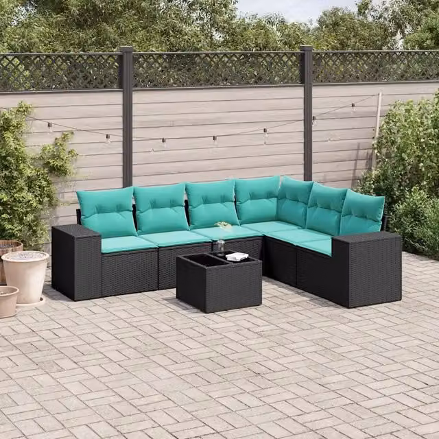 Set Divani da Giardino 7 pz con Cuscini Nero in Polyrattan 3222616