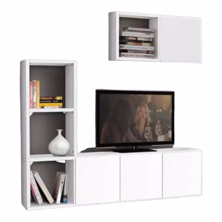 Libreria porta TV moderna bianca in legno per soggiorno Mobili 2G L: 175 cm, P: 30 cm, H: 132 cm