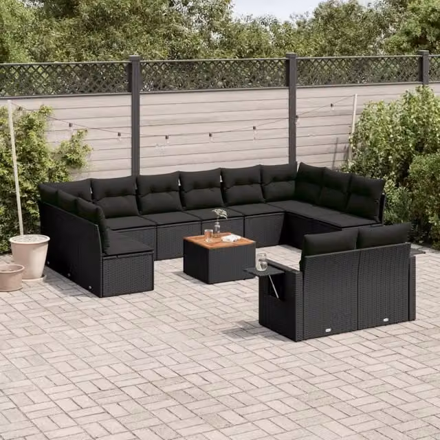 Set di Divani da Giardino VIDAXL in Polyrattan Nero con 13 Pezzi e Cuscini