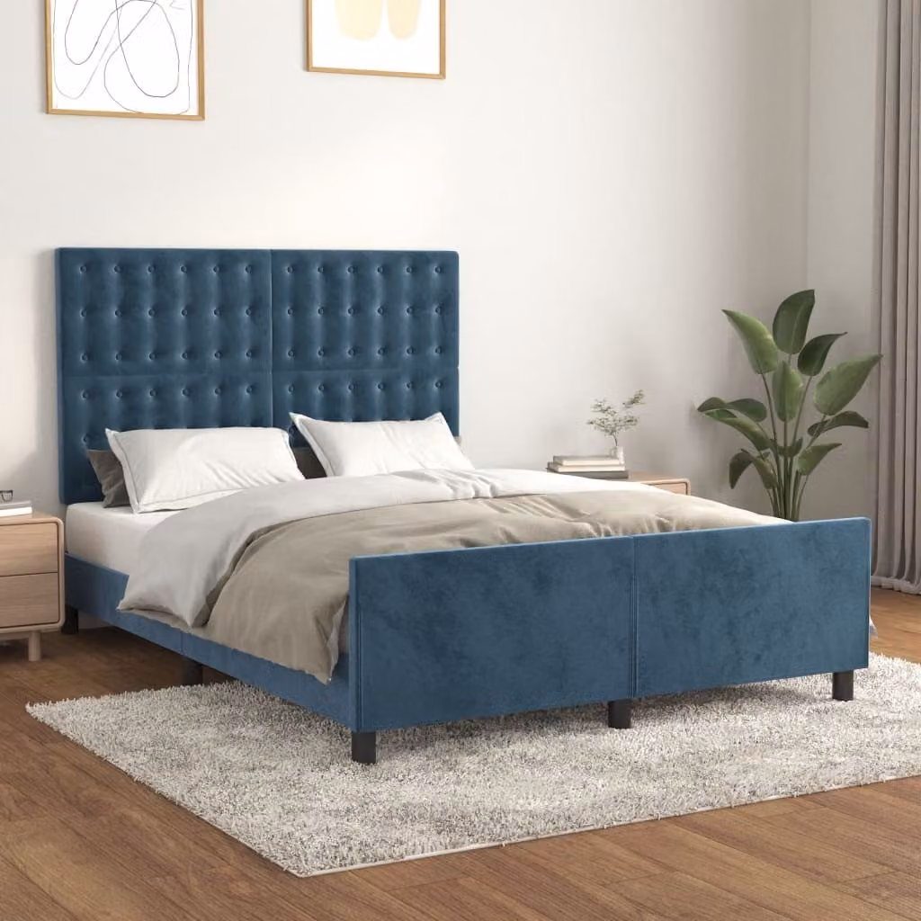 The Living Store Struttura letto con testiera in velluto blu scuro 140x190 cm