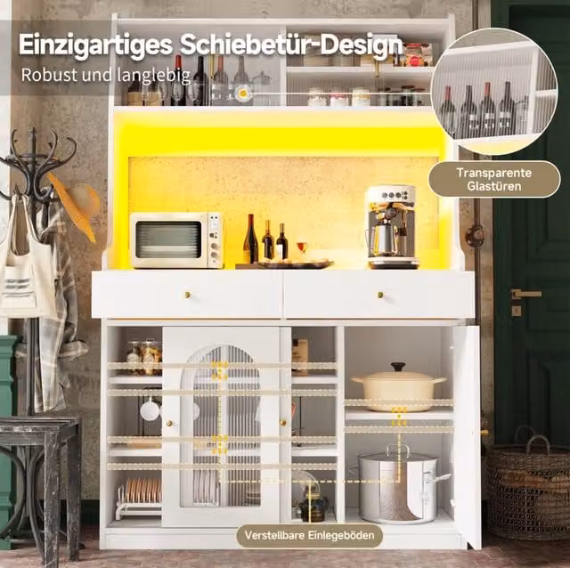 Buffet bianco con illuminazione LED regolabile, 120x40x180 cm, con ripiani regolabili e 2 cassetti