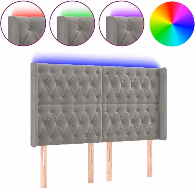 Testata del letto con illuminazione LED e porta USB in velluto grigio chiaro L: 163 cm, P: 16 cm, H: 118-128 cm