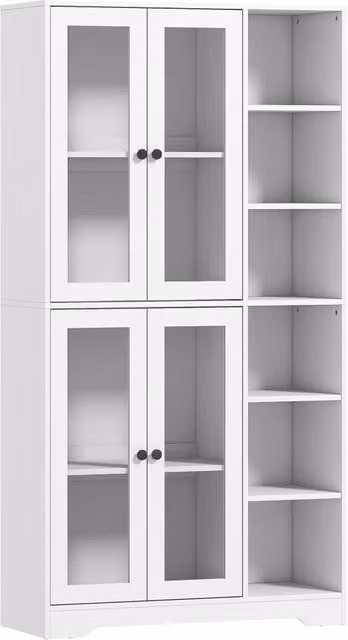 Credenza da Cucina 90x35x172 cm Mobile Dispensa con 4 Ante in Vetro Soft-Close 6 Ripiani Aperti in MDF Bianco