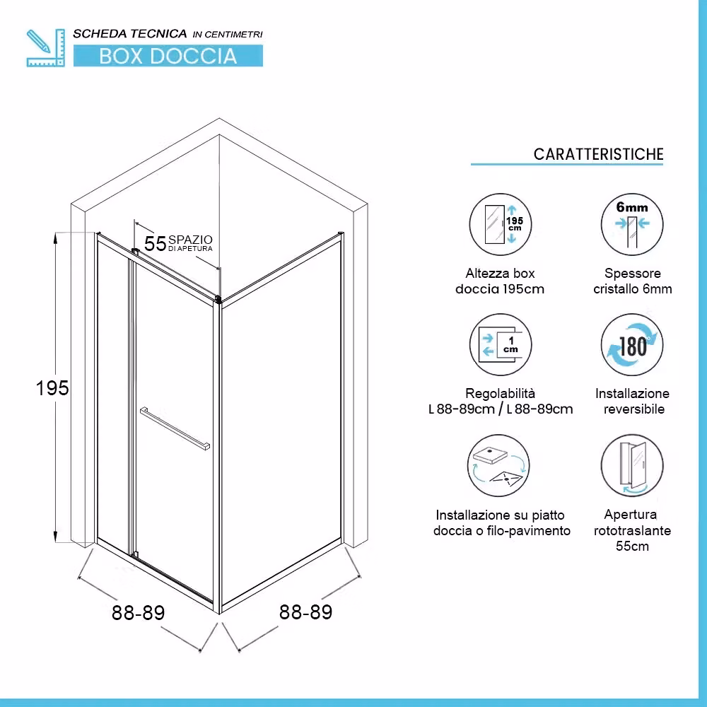 Box doccia angolare Nerea con porta pivot in vetro temperato trasparente e profili cromati L/P: 90 x 90 cm – 2