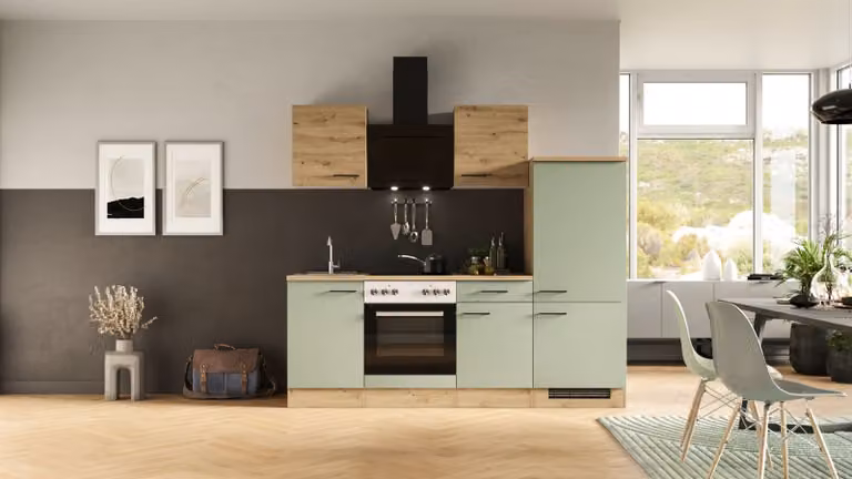 Mobile cucina con elettrodomestici Cara 220 cm frontale colore rovere verde opaco mobile colore rovere