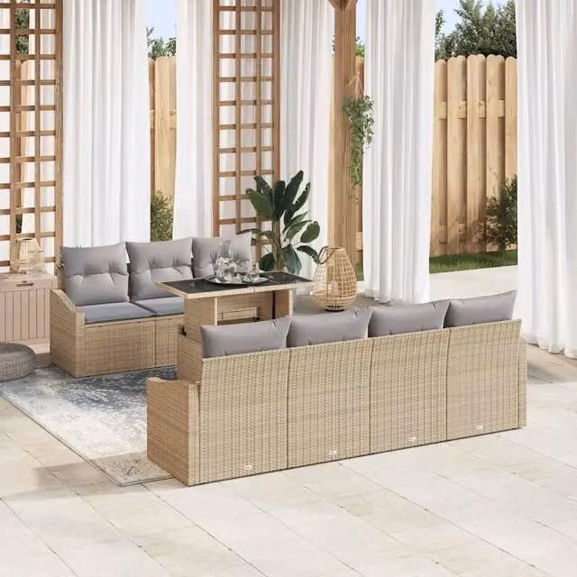 Set Divano da Giardino 8 Pezzi vidaXL in Polyrattan Beige e Grigio con Cuscini e Tavolino