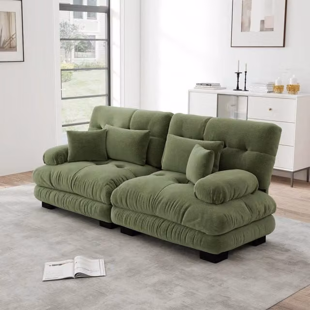 Divano Angolare Chenille ¨C Xylo ¨C Verde, Cuscini, Legno Massello