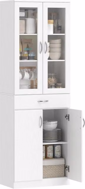 Credenza Cucina con 2 Armadietti e un Cassetto, Mensole Regolabili e Ante in Vetro, 60x35x180 cm, Bianco