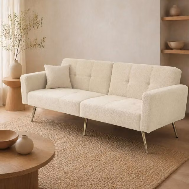 Divano letto 175 cm beige in tessuto sherpa con schienale regolabile e tasche laterali HOMVRA