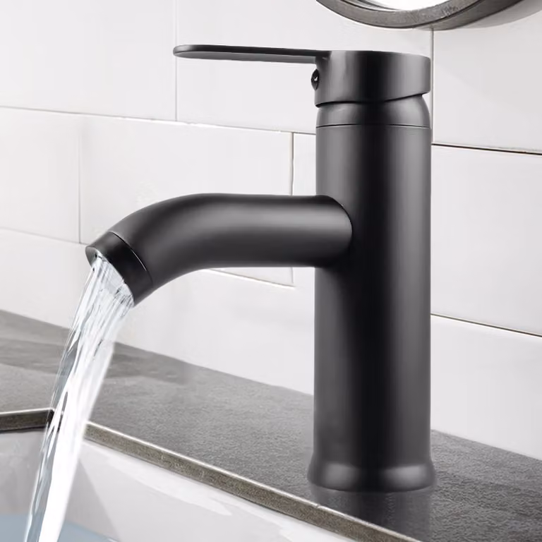 Miscelatore per lavabo, in acciaio inossidabile, colore nero, con due manopole per la regolazione dell'acqua calda e fredda