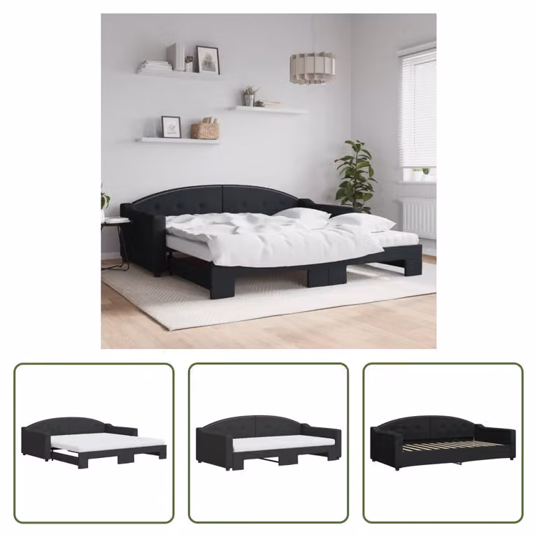 The Living Store Lettino allungabile con materassi nero 100x200 cm in tessuto