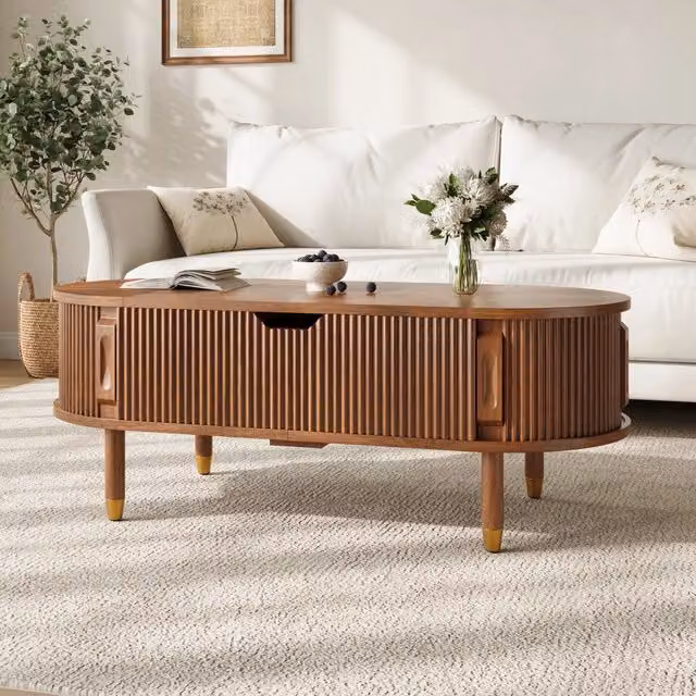Desviae Tavolino basso ovale con piano sollevabile idraulico e ante scorrevoli MDF noce con piedi in legno 110 × 48 × 57 cm