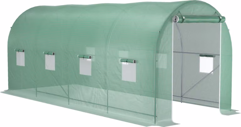 Serra a tunnel con struttura in film plastico Moonbite, dimensioni 5 x 2 x 2,05 metri, con finestre, tetto a volta in tubi d'acciaio, diagonali di rinforzo, porte scorrevoli e telo in polietilene (PE), colore verde