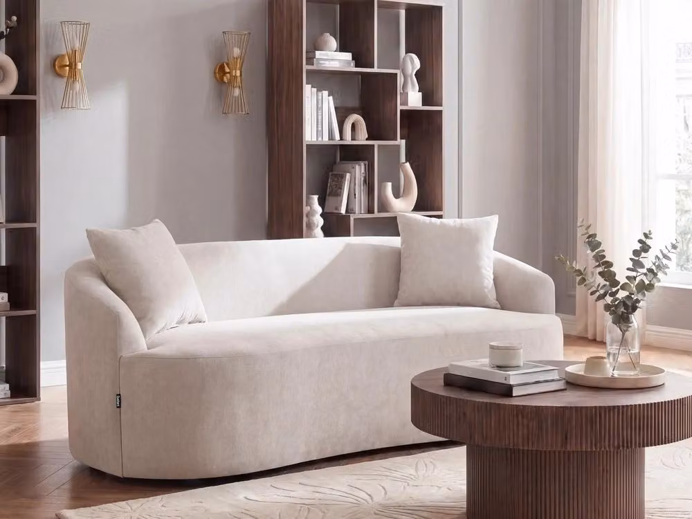 Divano ovale a 2 posti BELIANI in tessuto beige chiaro con design organico a fagiolo e struttura in legno massello L: 175 cm, P: 80 cm, H: 68 cm – 2