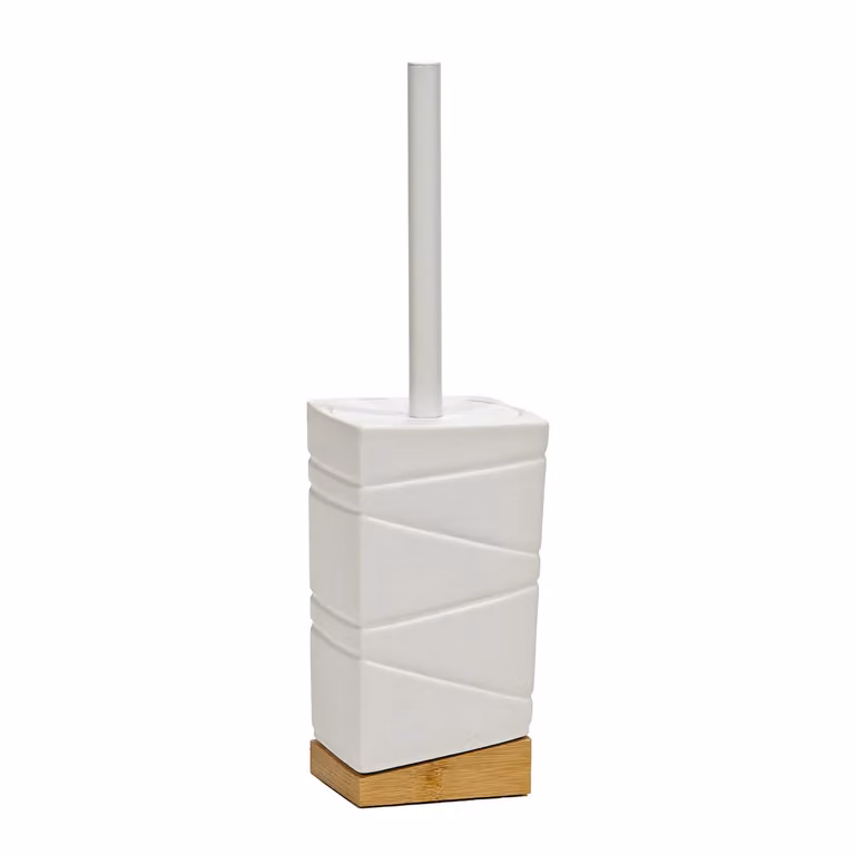 Vestiamo Casa Portascopino con Scopino in Ceramica Bianca e Bamboo Design Geometrico H: 32 cm, L: 11 cm, P: 11 cm