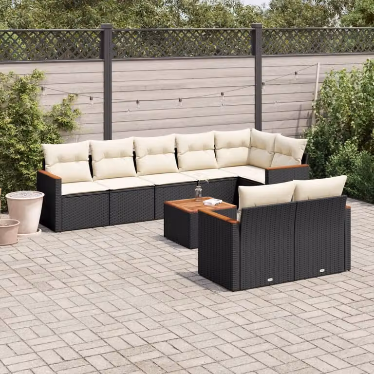 vidaXL Set Divani da Giardino 9 pz a Forma a U in Polyrattan Nero con Cuscini e Tavolino da Caffè