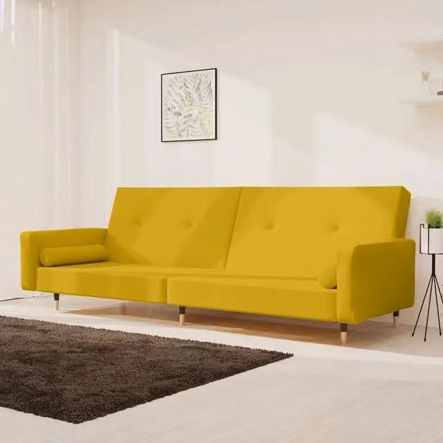Divano Letto Click-Clack a 2 Posti vidaXL in Velluto Giallo con Cuscini e Poggiatesta Regolabile