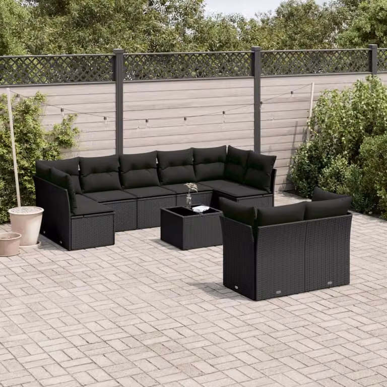 vidaXL Set Divani da Giardino 10 Pezzi in Polyrattan Nero con Cuscini e Tavolino da Esterno