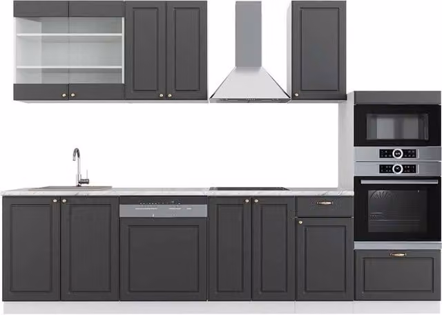 Cucina componibile moderna Fame-Line Vicco colore antracite, oro e bianco con armadio alto e piano in marmo, L: 300 cm – 1