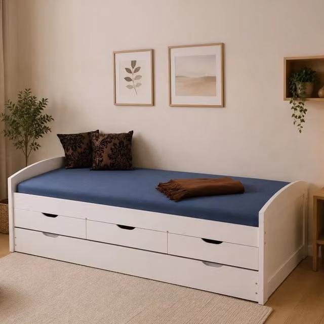 Letto Singolo Contenitore Spoltore DMORA Bianco con Base a Sollevamento e Struttura in Legno Massello L/P/H: 90 x 190 x 63 cm