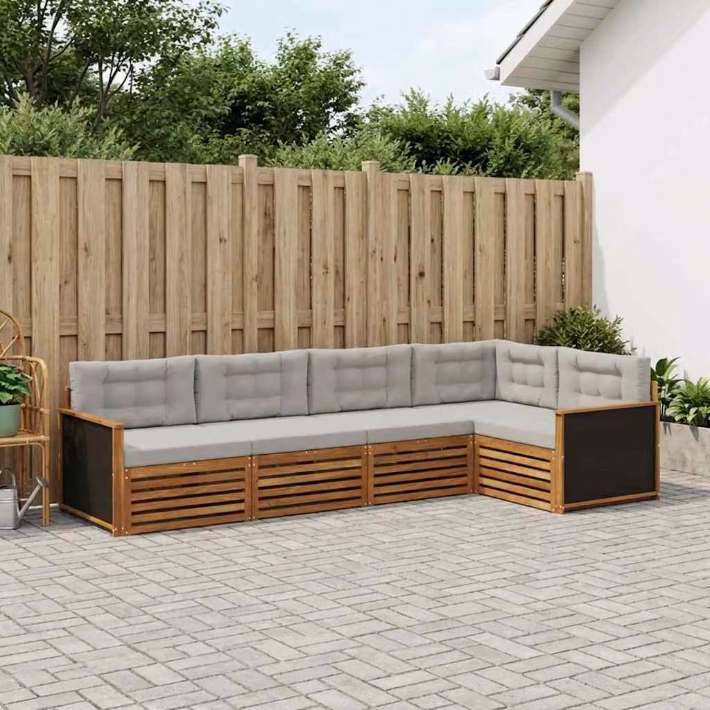 Set di divani da esterno vidaXL 5 pz a forma di L in legno di acacia con cuscini, Grigio e Beige