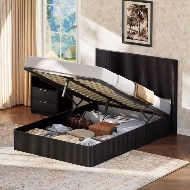 Letto moderno con effetto a scanalature e sollevamento idraulico, grande contenitore, doghe in legno massello, facile da pulire, 140 x 200 cm, Nero