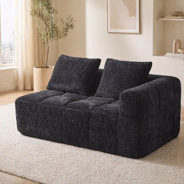 Divano con chaise longue Mivray in velluto nero con cuscini inclusi, design moderno a L per il tuo soggiorno