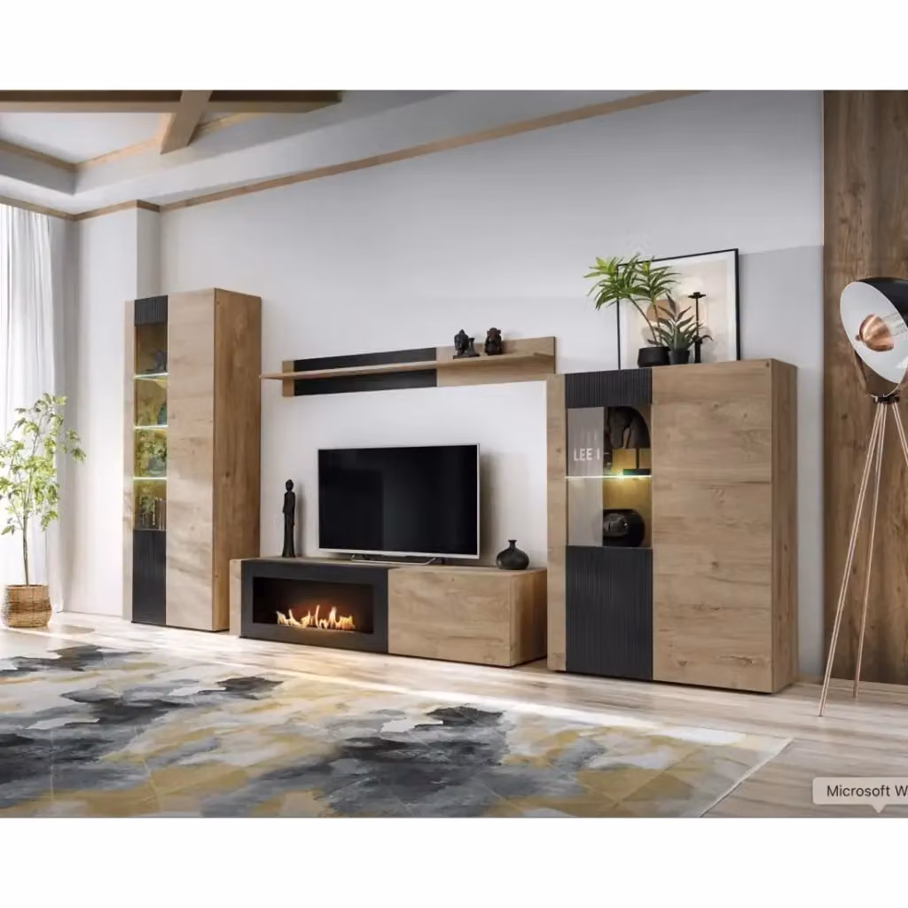 Set di soggiorno DOUM Meublorama in stile industrial con camino a bioetanolo, Rovere chiaro e nero, L320 x H192 x P45 cm – 2
