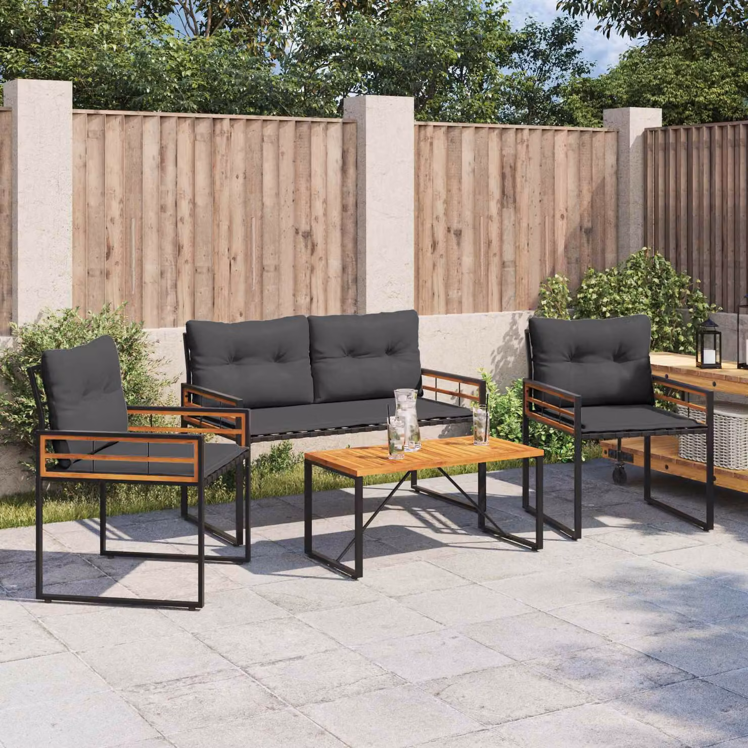 Set di mobili da esterno vidaXL 4 pezzi in legno di acacia e metallo, colore grigio e nero – 1