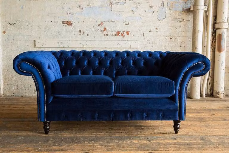 Sofas 2 Sitzer Couch Polster Sofa Stoff Chesterfield Couchen Garnitur Blau