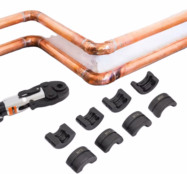 Utensili per la formatura a pressione, dimensioni 42x21 mm (1,65x0,83 pollici), campo di lavoro: da 12 mm a 28 mm, realizzati in acciaio Cr40 resistente, disponibili in 5 diverse dimensioni, trattati termicamente ad alta temperatura