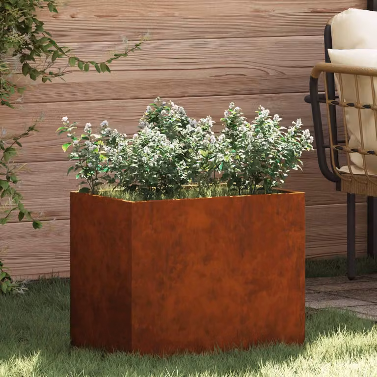 vidaXL Vaso da giardino rettangolare in metallo marrone L: 50 cm, P: 32 cm, H: 40 cm