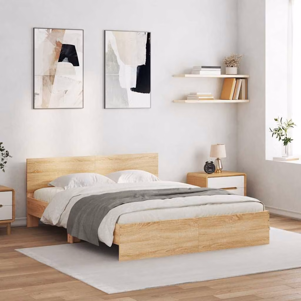 vidaXL Giroletto con Testiera, Illuminazione LED e Porta USB, Rovere Sonoma, L/P/H: 150 x 200 cm