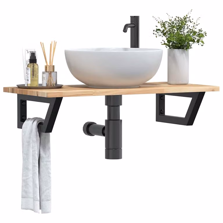 vidaXL Ripiano a Parete per Lavabo in Accacia e Acciaio, Nero e Marrone, L: 40 cm, P: 17 cm, H: 40 cm