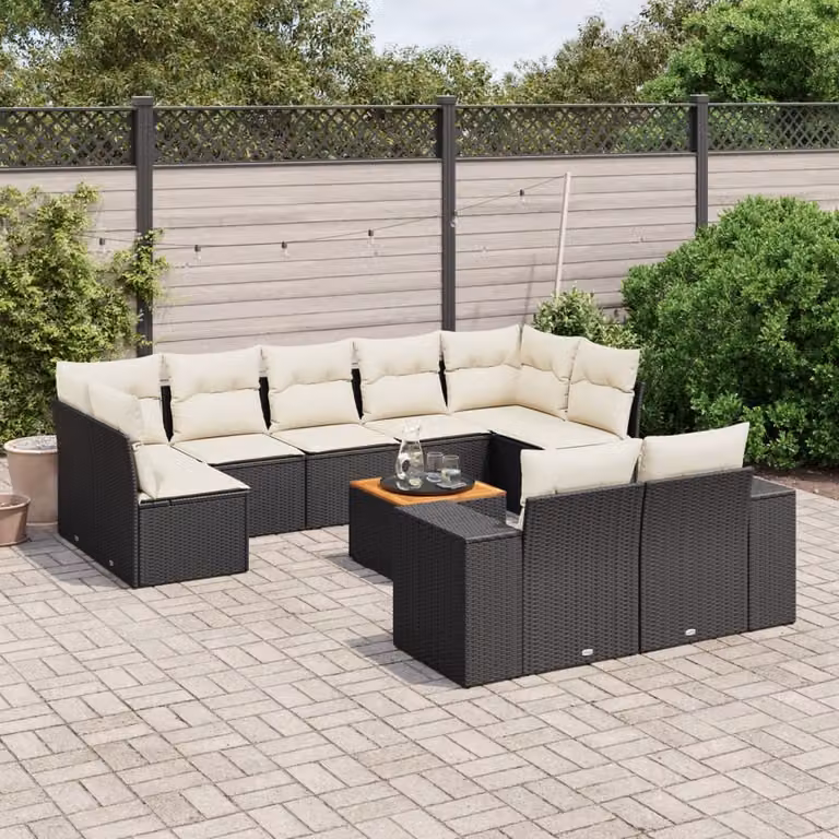Set di Divani da Giardino vidaXL in Polyrattan Nero con Cuscini e Tavolino da Esterno a Forma di U
