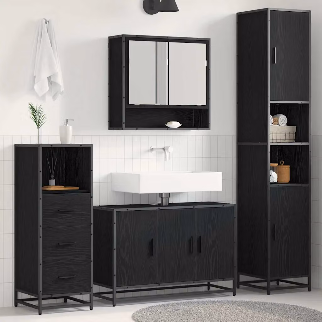 Set di mobili per il bagno vidaXL 3 pezzi in legno e metallo marrone e nero L: 90 cm, P: 33 cm, H: 60 cm