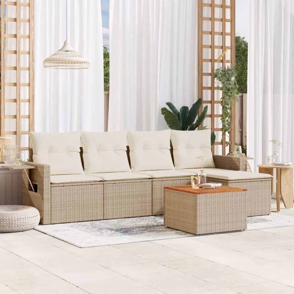 vidaXL Set Divano da Giardino 6 pz in Polyrattan con Cuscini Beige e Tavolino, Design Moderno a L per Terrazza e Giardino