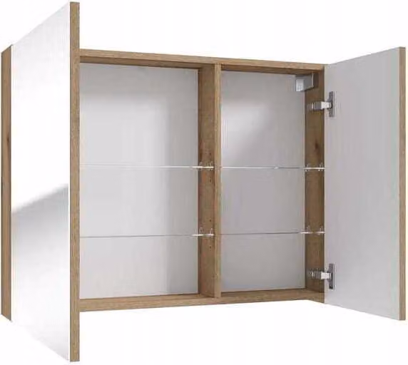 DomoDomo pensile da bagno con specchio 60 x 80 cm rovere Evoke e ripiani in vetro Rietti, mobiletto medico da bagno, set di mobili in rovere